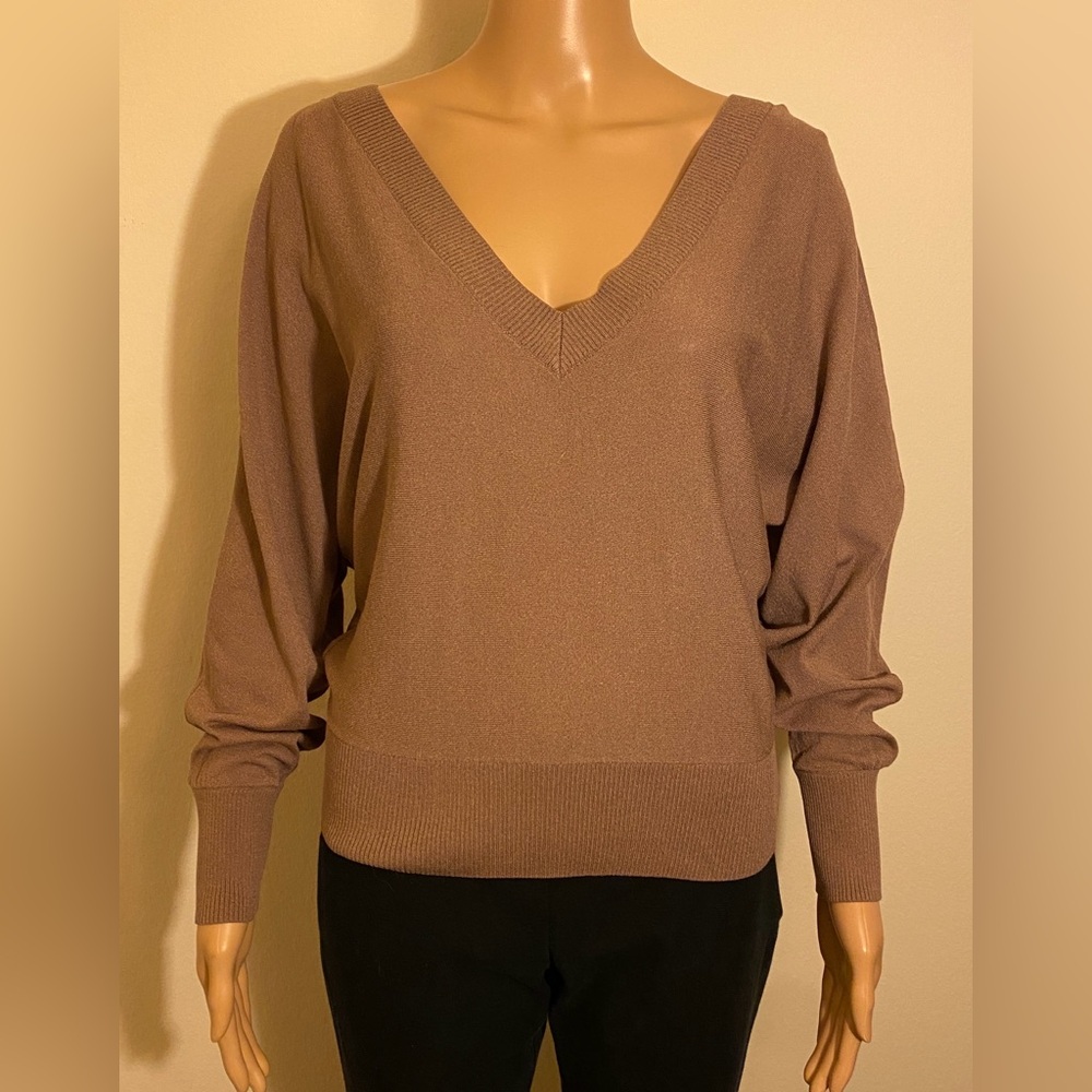 Women Express Brown Long Sleeve V Neck Versatile On Or Off The Shoulder Sweater